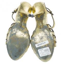 Pre Owned Bottega Veneta Gold Crackled Leather Metallic Ankle Strap Sandals Size 36