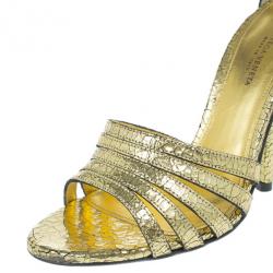 Pre Owned Bottega Veneta Gold Crackled Leather Metallic Ankle Strap Sandals Size 36