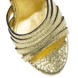 Pre Owned Bottega Veneta Gold Crackled Leather Metallic Ankle Strap Sandals Size 36