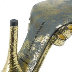 Pre Owned Bottega Veneta Gold Crackled Leather Metallic Ankle Strap Sandals Size 36