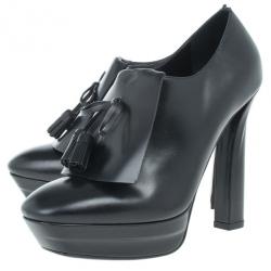 Pre Owned Bottega Veneta Black Leather Tassle Front Ankle Boots Size 39.5