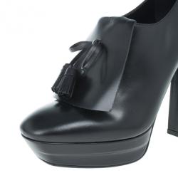 Pre Owned Bottega Veneta Black Leather Tassle Front Ankle Boots Size 39.5