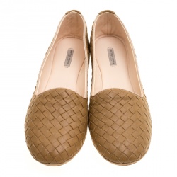 Pre Owned Bottega Veneta Dark Beige Intrecciato Leather Flats Size 40.5