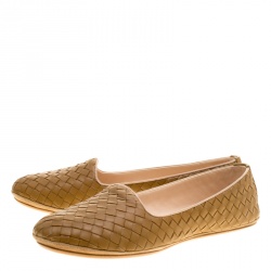 Pre Owned Bottega Veneta Dark Beige Intrecciato Leather Flats Size 40.5