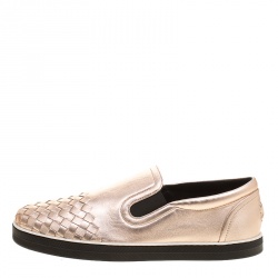Pre Owned Bottega Veneta Metallic Pink Intrecciato Leather Slip On Sneakers Size 41