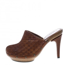 Pre Owned Bottega Veneta Brown Intrecciato Leather Wooden Platform Clogs Size 38