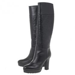 Pre Owned Bottega Veneta Black Leather Intrecciato Platform Knee Boots Size 39