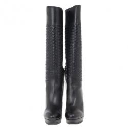 Pre Owned Bottega Veneta Black Leather Intrecciato Platform Knee Boots Size 39