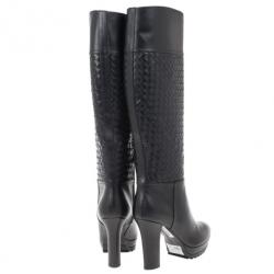 Pre Owned Bottega Veneta Black Leather Intrecciato Platform Knee Boots Size 39