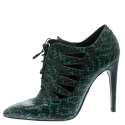 Pre Owned Bottega Veneta Green Python Leather Cutout Lace-Up Ankle Boots Size 40