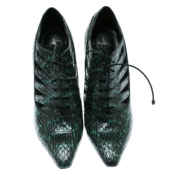 Pre Owned Bottega Veneta Green Python Leather Cutout Lace-Up Ankle Boots Size 40