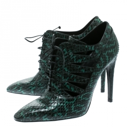 Pre Owned Bottega Veneta Green Python Leather Cutout Lace-Up Ankle Boots Size 40