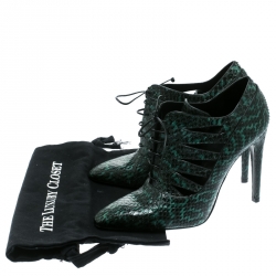 Pre Owned Bottega Veneta Green Python Leather Cutout Lace-Up Ankle Boots Size 40