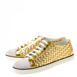 Pre Owned Bottega Veneta Metallic Gold Intrecciato Leather And Suede Cap Toe Low Top Sneakers Size 39.5