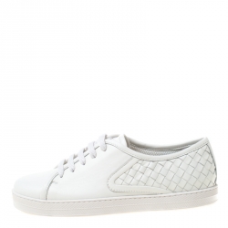 Pre Owned Bottega Veneta White Intrecciato Leather Sneakers Size 38