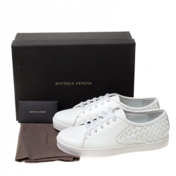Pre Owned Bottega Veneta White Intrecciato Leather Sneakers Size 38