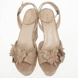 Pre Owned Bottega Veneta Butterfly-Embossed Ankle Wrap Platform Wedge Sandals Size 38.5