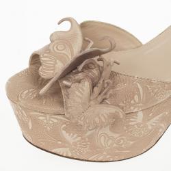 Pre Owned Bottega Veneta Butterfly-Embossed Ankle Wrap Platform Wedge Sandals Size 38.5