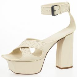 Pre Owned Bottega Veneta Cream Intrecciato Ankle Strap Platform Sandals Size 39 