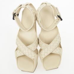 Pre Owned Bottega Veneta Cream Intrecciato Ankle Strap Platform Sandals Size 39 