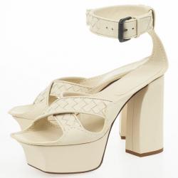 Pre Owned Bottega Veneta Cream Intrecciato Ankle Strap Platform Sandals Size 39 