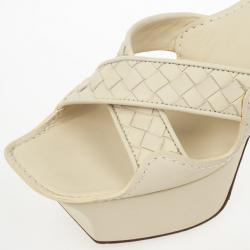 Pre Owned Bottega Veneta Cream Intrecciato Ankle Strap Platform Sandals Size 39 