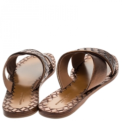 Pre Owned Bottega Veneta Metallic Bronze Criss Cross Intrecciato Leather Ravello Flat Slides Size 40