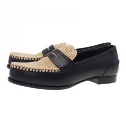 Pre Owned Bottega Veneta Black Leather and Raffia Loafers Size 39