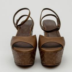 Pre Owned Bottega Veneta Brown Leather Intrecciato Platform Sandals Size 39 