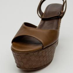 Pre Owned Bottega Veneta Brown Leather Intrecciato Platform Sandals Size 39 