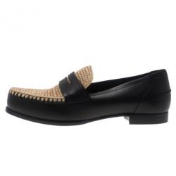 Pre Owned Bottega Veneta Black Leather and Raffia Loafers Size 40