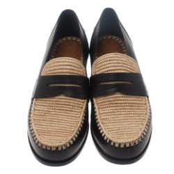 Pre Owned Bottega Veneta Black Leather and Raffia Loafers Size 40