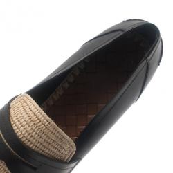 Pre Owned Bottega Veneta Black Leather and Raffia Loafers Size 40