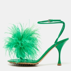 مملوكة مسبقًا Bottega Veneta Green Leather and Fur Ankle Strap Sandals Size 39