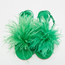 مملوكة مسبقًا Bottega Veneta Green Leather and Fur Ankle Strap Sandals Size 39