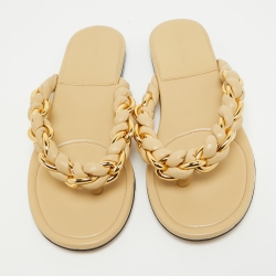 Pre Owned Bottega Veneta Beige Leather Dot Thong Flats Size 38