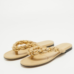 Pre Owned Bottega Veneta Beige Leather Dot Thong Flats Size 38