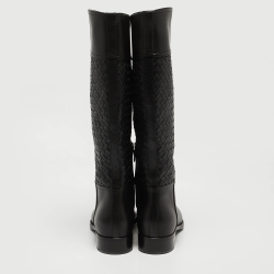 Pre Owned Bottega Veneta Black Leather Intrecciato Buckle Detail Knee Long Boots Size 38