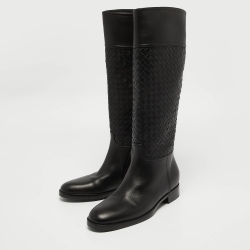 Pre Owned Bottega Veneta Black Leather Intrecciato Buckle Detail Knee Long Boots Size 38