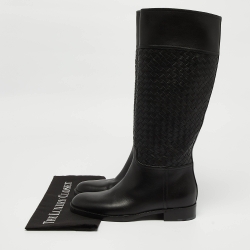 Pre Owned Bottega Veneta Black Leather Intrecciato Buckle Detail Knee Long Boots Size 38