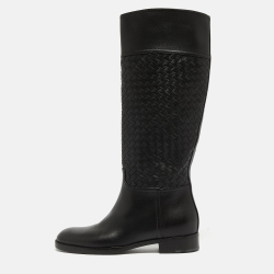 Pre Owned Bottega Veneta Black Leather Intrecciato Buckle Detail Knee Long Boots Size 38