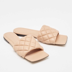 Pre Owned Bottega Veneta Beige Quilted Leather Flat Slides Size 40