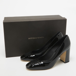 مملوكة مسبقًا Bottega Veneta Black Patent Leather Intrecciato Detail Block Heel Pumps Size 38.5