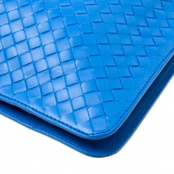 Pre Owned Bottega Veneta Blue Intrecciato Leather Flat Briefcase