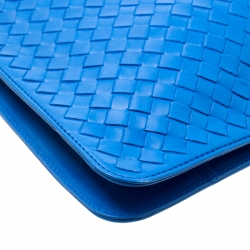 Pre Owned Bottega Veneta Blue Intrecciato Leather Flat Briefcase