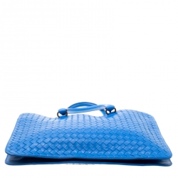 Pre Owned Bottega Veneta Blue Intrecciato Leather Flat Briefcase