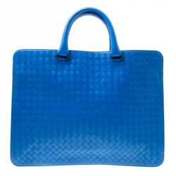Pre Owned Bottega Veneta Blue Intrecciato Leather Flat Briefcase