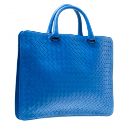 Pre Owned Bottega Veneta Blue Intrecciato Leather Flat Briefcase