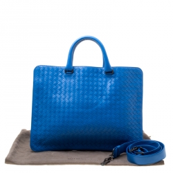 Pre Owned Bottega Veneta Blue Intrecciato Leather Flat Briefcase