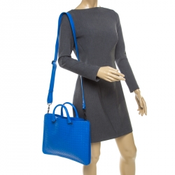 Pre Owned Bottega Veneta Blue Intrecciato Leather Flat Briefcase